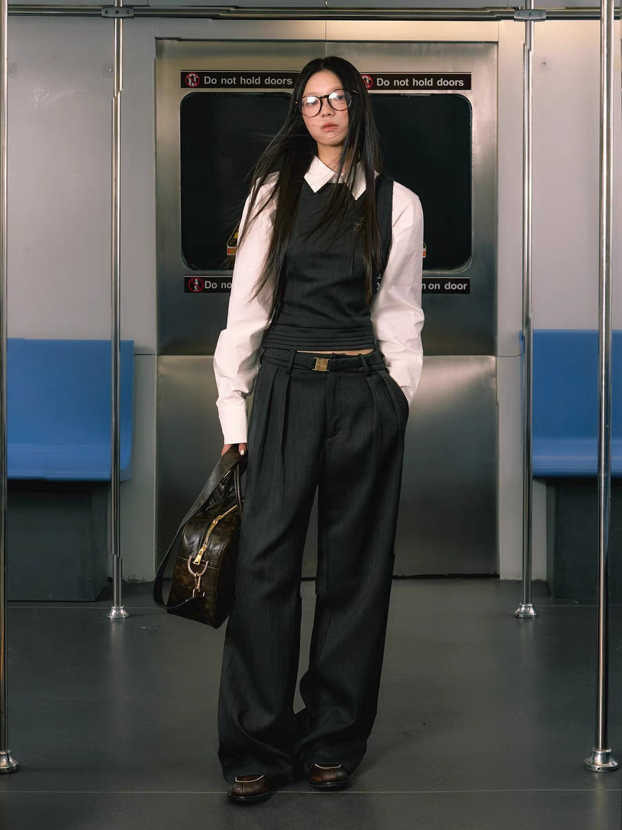 LLDC Minimalist Suit Vest & Gold Buckle Belt Skirt & Pants
