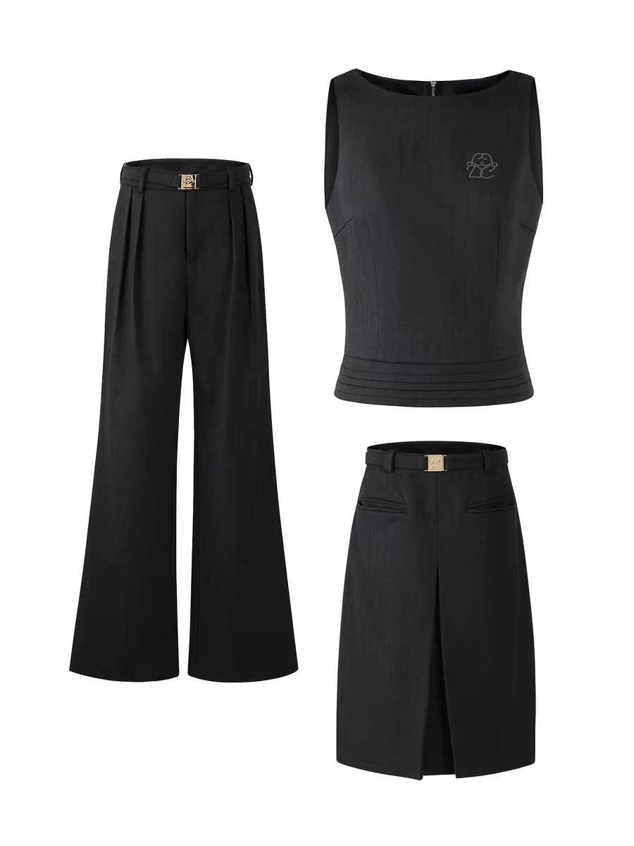 LLDC Minimalist Suit Vest & Gold Buckle Belt Skirt & Pants