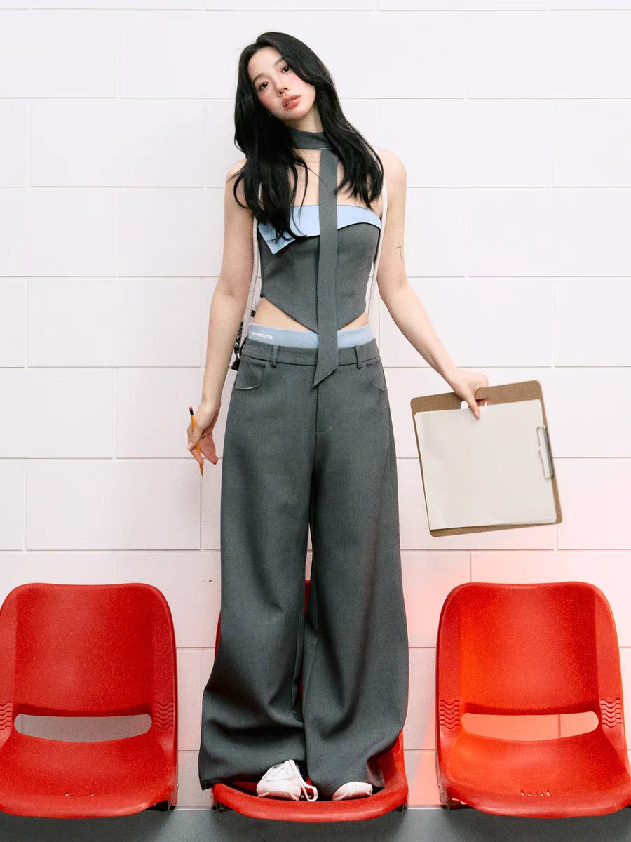 LLDC Contrast Color Cuffed Bandeau Top & Wide-Leg with Waistband Pants Set