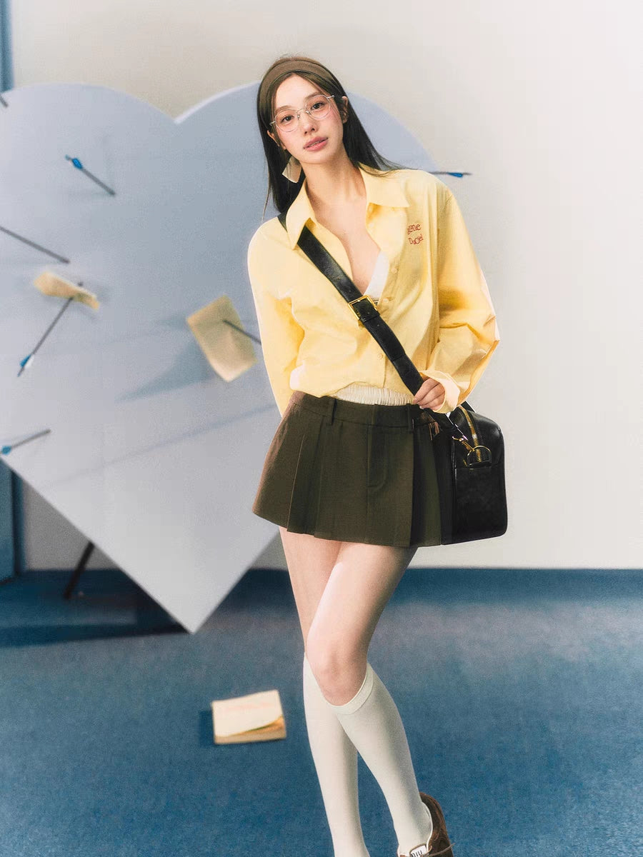 LLDC 'CUPID LOVE' Logo Embroidered Shirt & Double Waisted Tailored Skirts with Pre-Styled Pleated Waistband Set