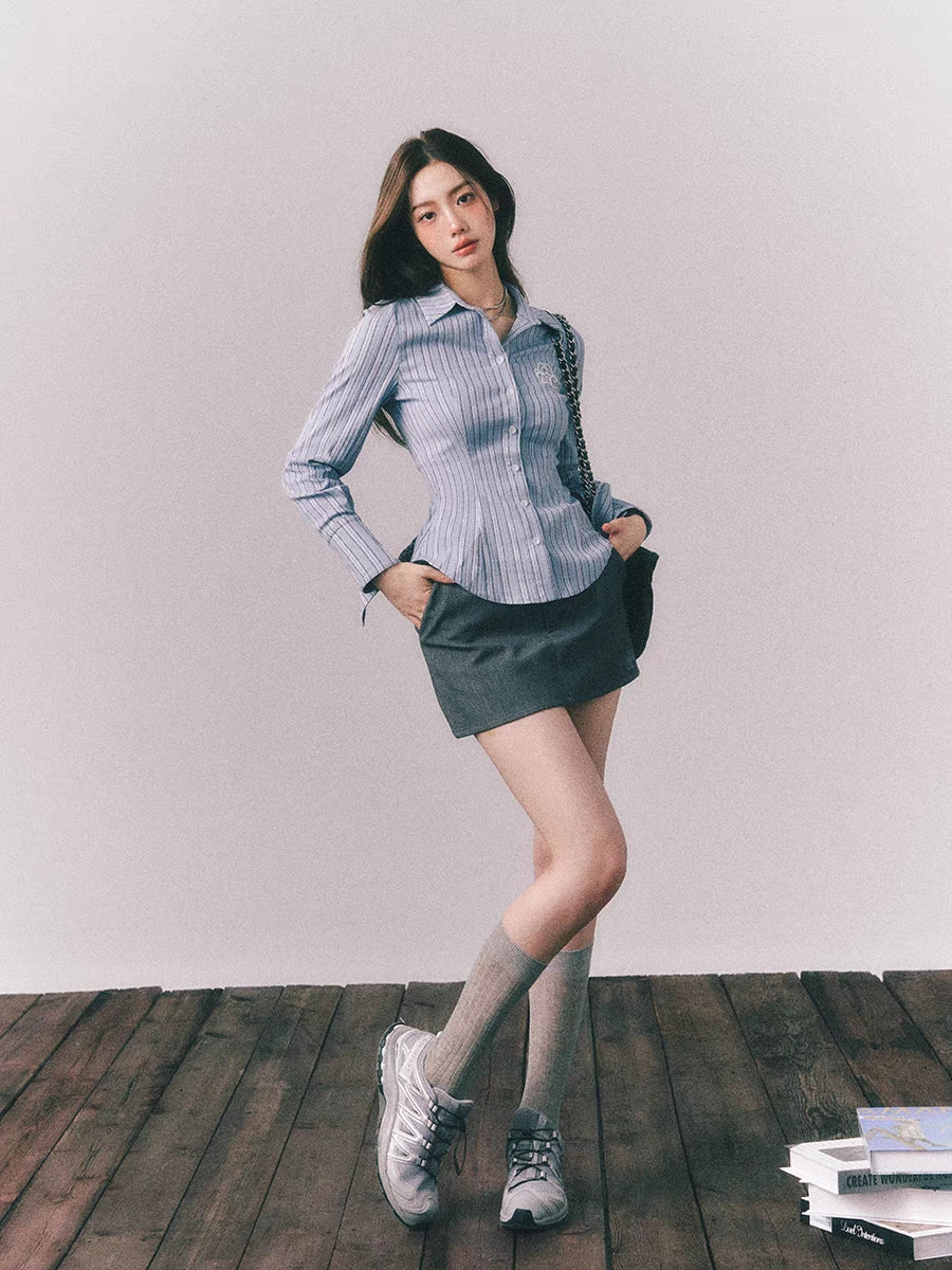 LLDC Embroidered Texture Striped Classic Slim Shirt & Skirt Set