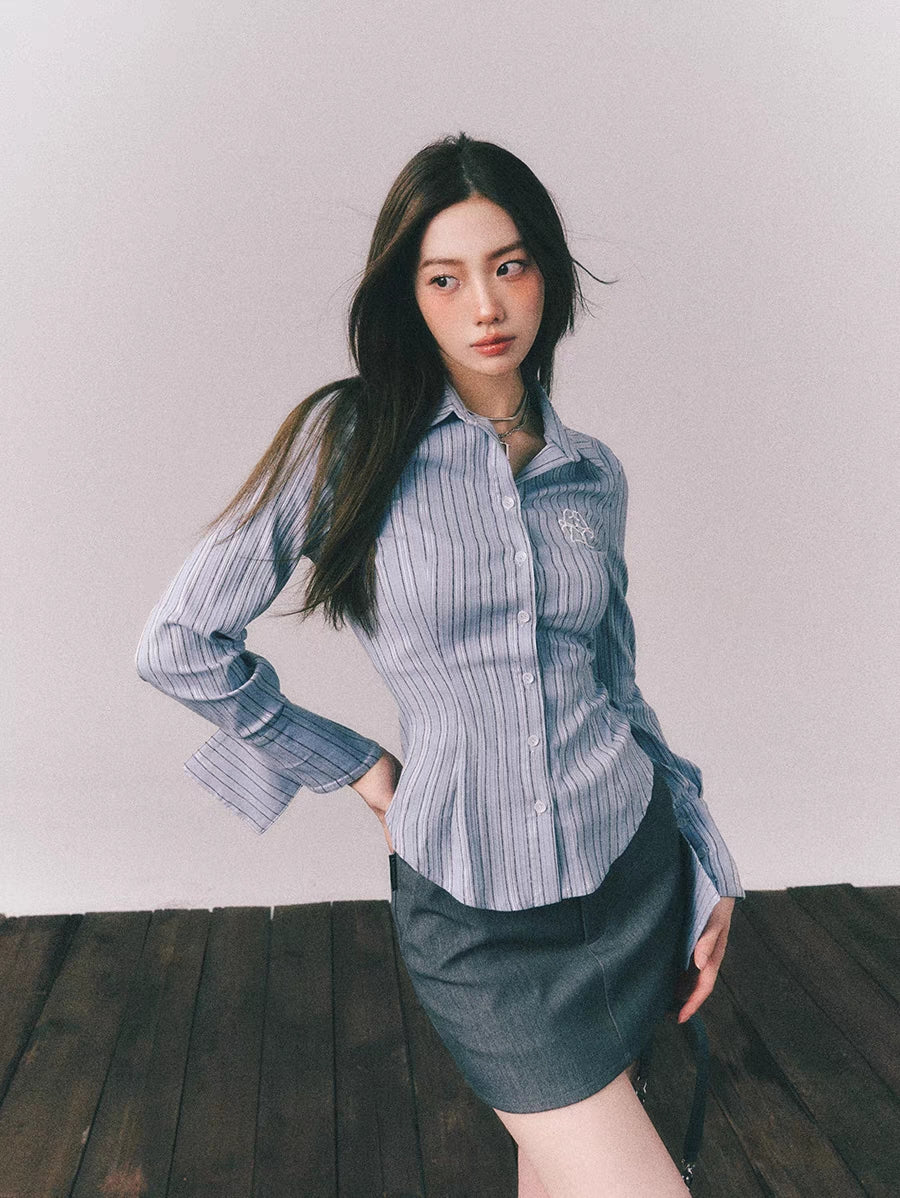 LLDC Embroidered Texture Striped Classic Slim Shirt & Skirt Set