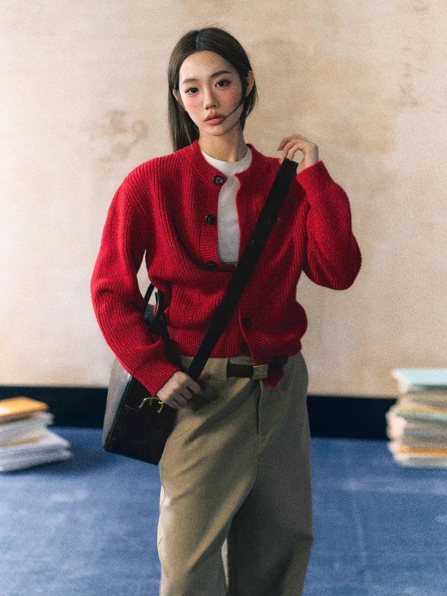 LLDC Red Crew Neck Knit Cardigan