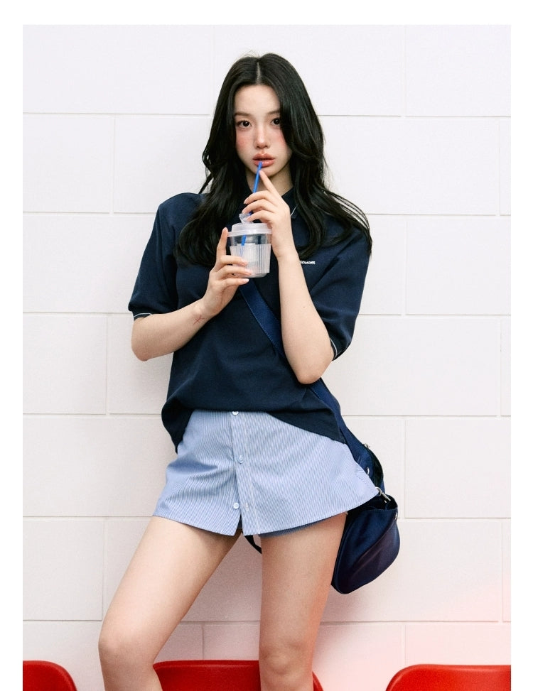 LLDC Classic POLO Shirt & A-shaped Layered Buttoned Woven Skirt Shorts Set