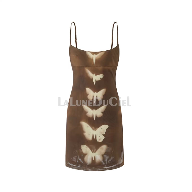 LLDC Double-Layer Mesh Butterfly Printed Slip Dress