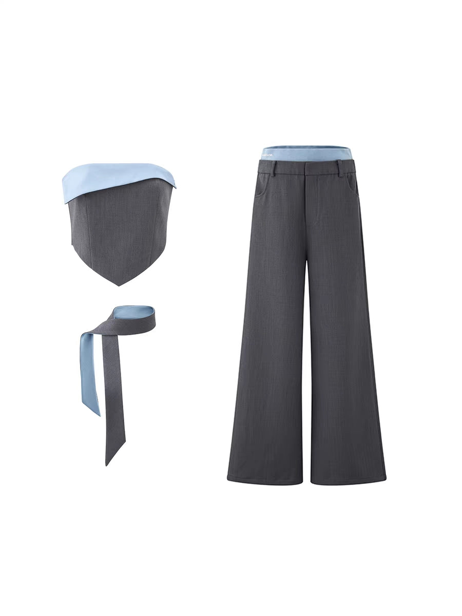 LLDC Contrast Color Cuffed Bandeau Top & Wide-Leg with Waistband Pants Set
