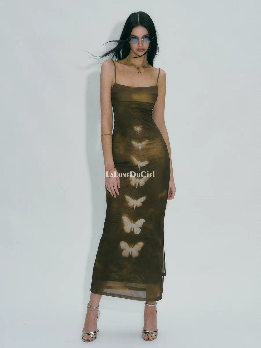 LLDC Double-Layer Mesh Butterfly Printed Slip Dress