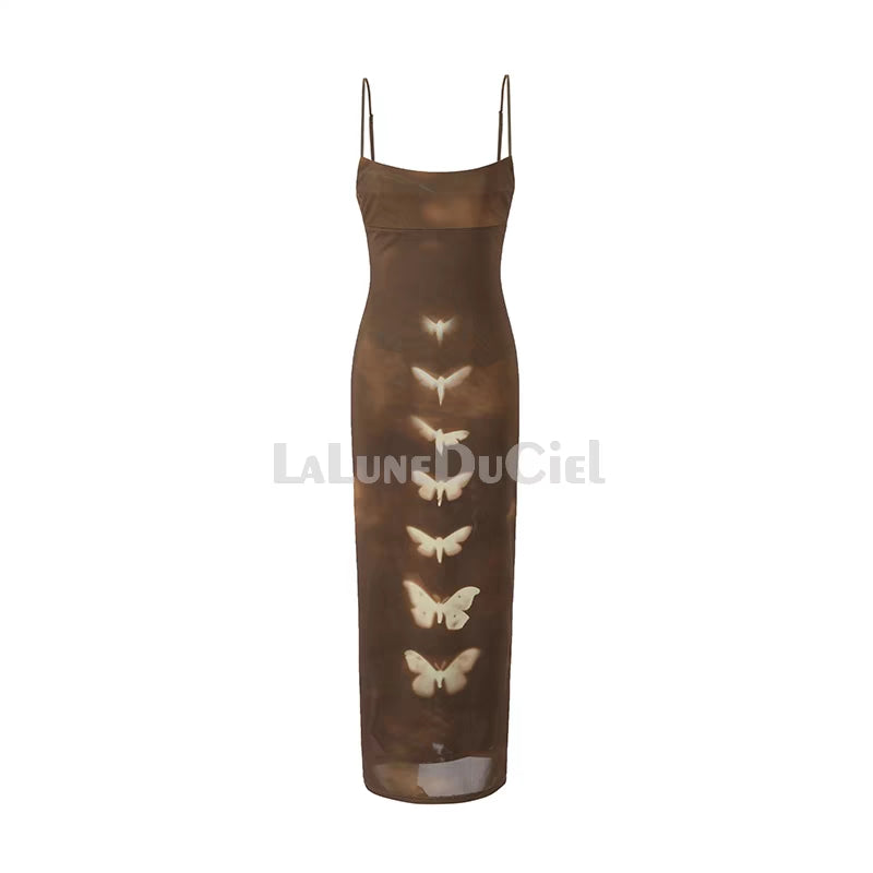 LLDC Double-Layer Mesh Butterfly Printed Slip Dress